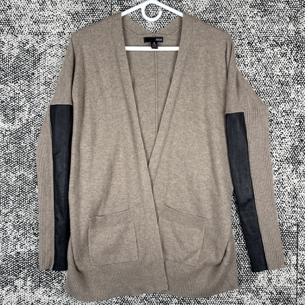 Aqua Cashmere Open Front Cardigan Sweater Womens XS Leather Trim Brown Cozy‎